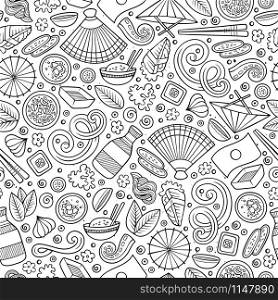 Cartoon cute hand drawn Japan food seamless pattern. Line art with lots of objects background. Endless funny vector illustration. Sketchy backdrop with japanese cuisine symbols and items. Cartoon cute hand drawn Japan food seamless pattern