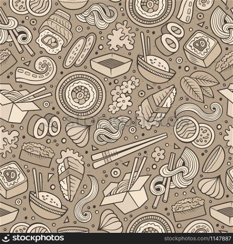 Cartoon cute hand drawn Japan food seamless pattern. Monochrome with lots of objects background. Endless funny vector illustration. Sepia backdrop with japanese cuisine symbols and items. Cartoon cute hand drawn Japan food seamless pattern