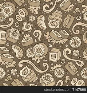 Cartoon cute hand drawn Japan food seamless pattern. Monochrome with lots of objects background. Endless funny vector illustration. Sepia backdrop with japanese cuisine symbols and items. Cartoon cute hand drawn Japan food seamless pattern