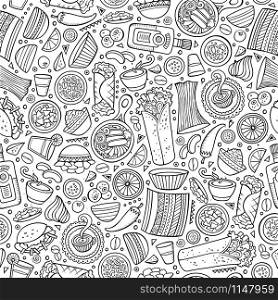 Cartoon cute hand drawn Mexican food seamless pattern. Line art detailed, with lots of objects background. Endless funny vector illustration.. Cartoon cute hand drawn Mexican food seamless pattern.