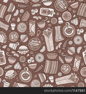 Cartoon cute hand drawn Mexican food seamless pattern. Line art detailed, with lots of objects background. Endless funny vector illustration.. Cartoon cute hand drawn Mexican food seamless pattern.