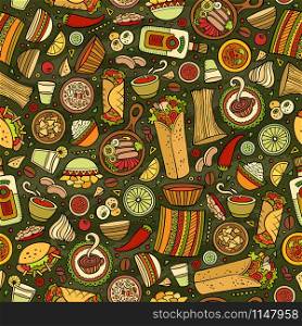 Cartoon cute hand drawn Mexican food seamless pattern. Colorful detailed, with lots of objects background. Endless funny vector illustration.. Cartoon cute hand drawn Mexican food seamless pattern.