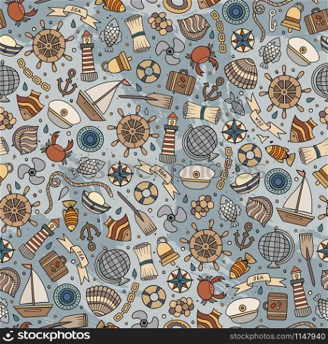 Cartoon cute hand drawn nautical, marine seamless pattern. Line art vintage detailed, with lots of objects background. Endless funny vector illustration.. Cartoon nautical seamless pattern