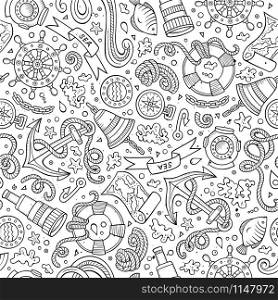 Cartoon cute hand drawn nautical, marine seamless pattern. Line art sketchy detailed, with lots of objects background. Endless funny vector illustration.. Cartoon nautical seamless pattern