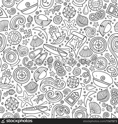 Cartoon cute hand drawn nautical, marine seamless pattern. Line art sketchy detailed, with lots of objects background. Endless funny vector illustration.. Cartoon nautical seamless pattern