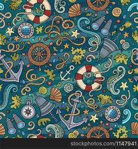Cartoon cute hand drawn nautical, marine seamless pattern. Colorful detailed, with lots of objects background. Endless funny vector illustration. Bright colors backdrop.. Cartoon nautical seamless pattern