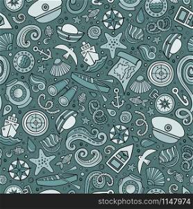 Cartoon cute hand drawn nautical, marine seamless pattern. Monochrome detailed, with lots of objects background. Endless funny vector illustration. Cartoon nautical seamless pattern