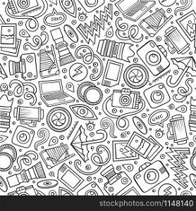 Cartoon cute hand drawn Photo seamless pattern. Line art detailed, with lots of objects background. Endless funny vector illustration. Sketch photographer backdrop.. Cartoon cute hand drawn Photo seamless pattern