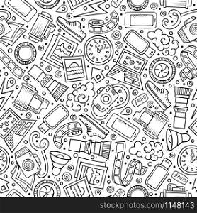 Cartoon cute hand drawn Photo seamless pattern. Line art detailed, with lots of objects background. Endless funny vector illustration.. Cartoon cute hand drawn Photo seamless pattern
