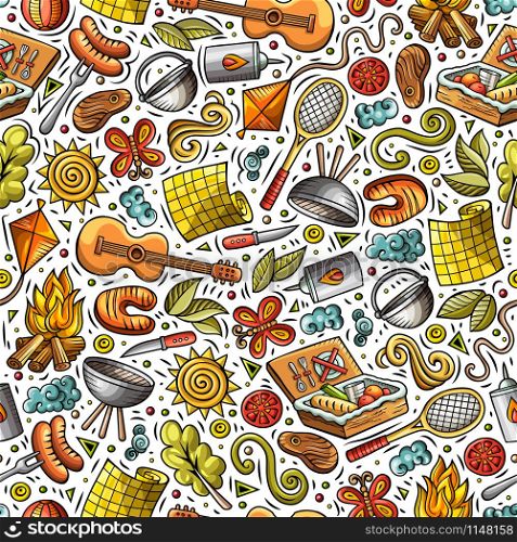 Cartoon cute hand drawn Picnic seamless pattern. Colorful detailed, with lots of objects background. Endless funny vector illustration. Cartoon cute hand drawn Picnic seamless pattern