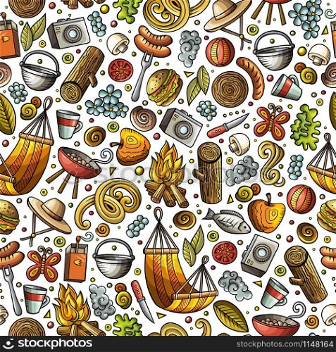 Cartoon cute hand drawn Picnic seamless pattern. Colorful detailed, with lots of objects background. Endless funny vector illustration. Cartoon cute hand drawn Picnic seamless pattern