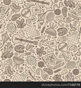 Cartoon cute hand drawn Picnic seamless pattern. Detailed, with lots of objects background. Endless funny vector illustration. Cartoon cute hand drawn Picnic seamless pattern