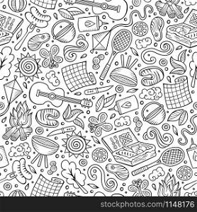 Cartoon cute hand drawn Picnic seamless pattern. Line art detailed, with lots of objects background. Endless funny vector illustration. Cartoon cute hand drawn Picnic seamless pattern