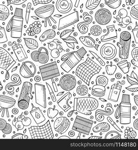 Cartoon cute hand drawn Picnic seamless pattern. Line art detailed, with lots of objects background. Endless funny vector illustration. Cartoon cute hand drawn Picnic seamless pattern