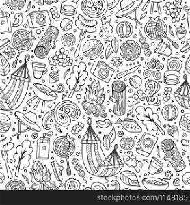 Cartoon cute hand drawn Picnic seamless pattern. Line art detailed, with lots of objects background. Endless funny vector illustration. Cartoon cute hand drawn Picnic seamless pattern