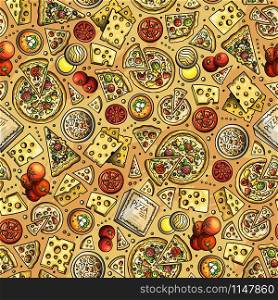 Cartoon cute hand drawn Pizza seamless pattern. Colorful with lots of objects background. Endless funny vector illustration. Bright colors backdrop with fastfood symbols and items. Cartoon cute hand drawn Pizza seamless pattern.
