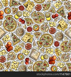 Cartoon cute hand drawn Pizza seamless pattern. Colorful with lots of objects background. Endless funny vector illustration. Bright colors backdrop with fastfood symbols and items. Cartoon cute hand drawn Pizza seamless pattern.