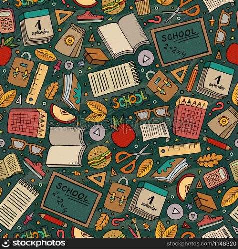 Cartoon cute hand drawn Science seamless pattern. Colorful detailed, with lots of objects background. Endless funny vector illustration. Bright colors scientific backdrop.. Cartoon cute hand drawn School seamless pattern