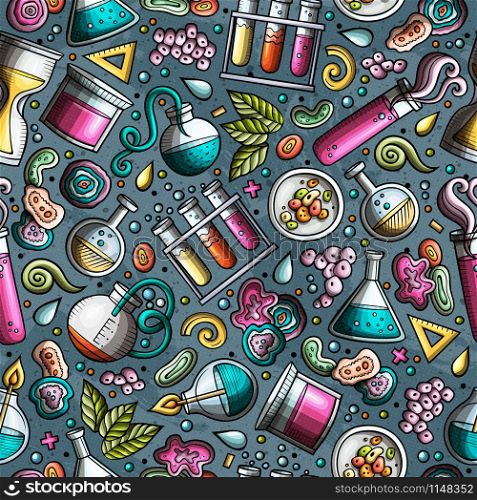 Cartoon cute hand drawn Science seamless pattern. Colorful detailed, with lots of objects background. Endless funny vector illustration. Bright colors scientific backdrop.. Cartoon cute hand drawn Science seamless pattern