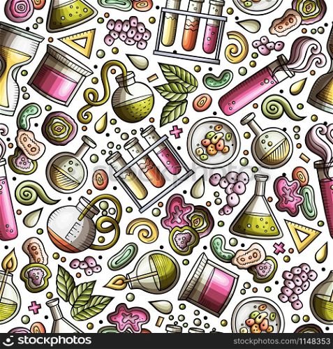 Cartoon cute hand drawn Science seamless pattern. Colorful detailed, with lots of objects background. Endless funny vector illustration. Bright colors scientific backdrop.. Cartoon cute hand drawn Science seamless pattern