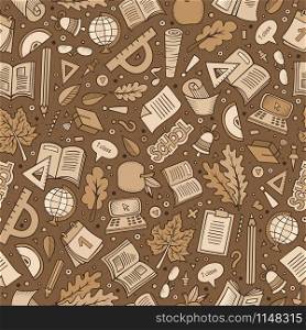 Cartoon cute hand drawn Science seamless pattern. Line art detailed, with lots of objects background. Endless funny vector illustration. Sketchy scientific backdrop.. Cartoon cute hand drawn School seamless pattern