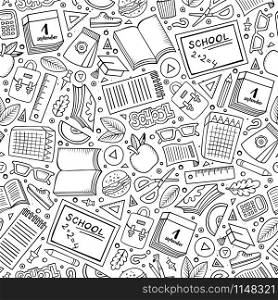 Cartoon cute hand drawn Science seamless pattern. Line art detailed, with lots of objects background. Endless funny vector illustration. Sketchy scientific backdrop.. Cartoon cute hand drawn School seamless pattern