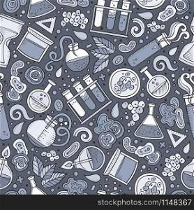 Cartoon cute hand drawn Science seamless pattern. Line art detailed, with lots of objects background. Endless funny vector illustration. Monochrome scientific backdrop.. Cartoon cute hand drawn Science seamless pattern