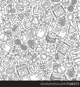 Cartoon cute hand drawn Science seamless pattern. Line art detailed, with lots of objects background. Endless funny vector illustration. Sketchy scientific backdrop.. Cartoon cute hand drawn Science seamless pattern