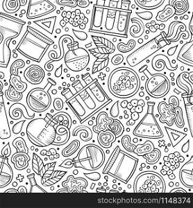 Cartoon cute hand drawn Science seamless pattern. Line art detailed, with lots of objects background. Endless funny vector illustration. Sketchy scientific backdrop.. Cartoon cute hand drawn Science seamless pattern