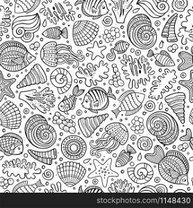 Cartoon cute hand drawn sea life seamless pattern. Line art sketchy detailed, with lots of objects background. Endless funny vector illustration.. Cartoon under water life seamless pattern