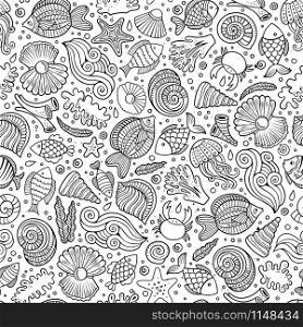 Cartoon cute hand drawn sea life seamless pattern. Line art sketchy detailed, with lots of objects background. Endless funny vector illustration.. Cartoon under water life seamless pattern