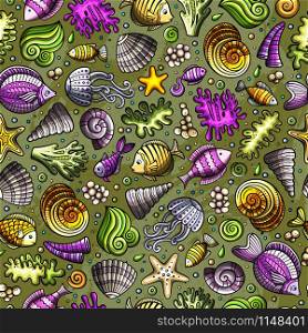 Cartoon cute hand drawn sea life seamless pattern. Colorful detailed, with lots of objects background. Endless funny vector illustration. Bright colors underwater backdrop.. Cartoon under water life seamless pattern