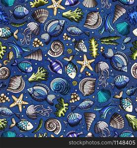 Cartoon cute hand drawn sea life seamless pattern. Colorful detailed, with lots of objects background. Endless funny vector illustration. Bright colors underwater backdrop.. Cartoon under water life seamless pattern