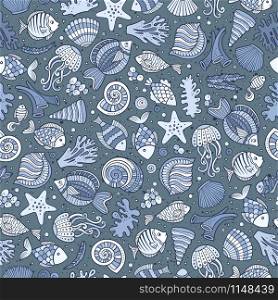 Cartoon cute hand drawn sea life seamless pattern. Monochrome detailed, with lots of objects background. Endless funny vector illustration.. Cartoon under water life seamless pattern