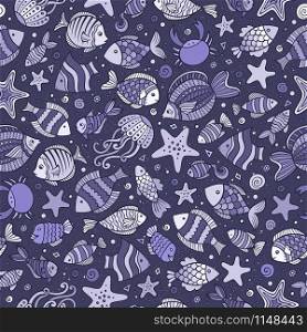 Cartoon cute hand drawn sea life seamless pattern. Monochrome detailed, with lots of objects background. Endless funny vector illustration.. Cartoon under water life seamless pattern