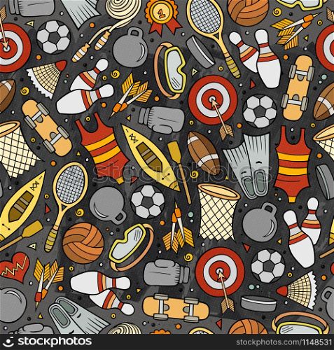 Cartoon cute hand drawn Sport seamless pattern. Colorful detailed, with lots of objects background. Endless funny vector illustration. Cartoon cute hand drawn Sport seamless pattern