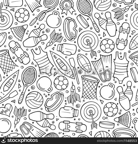 Cartoon cute hand drawn Sport seamless pattern. Line art detailed, with lots of objects background. Endless funny vector illustration. Cartoon cute hand drawn Sport seamless pattern