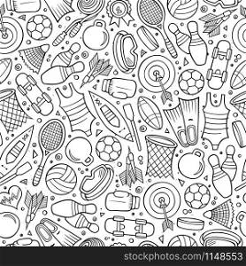 Cartoon cute hand drawn Sport seamless pattern. Line art detailed, with lots of objects background. Endless funny vector illustration. Cartoon cute hand drawn Sport seamless pattern