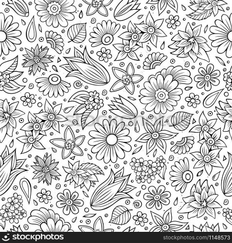 Cartoon cute hand drawn Spring season seamless pattern. Line art detailed, with lots of objects background. Endless funny vector illustration. Contour backdrop. Cartoon cute hand drawn Spring season seamless pattern