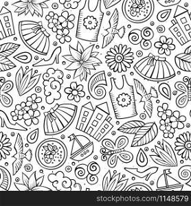 Cartoon cute hand drawn Spring season seamless pattern. Line art detailed, with lots of objects background. Endless funny vector illustration. Contour backdrop. Cartoon cute hand drawn Spring season seamless pattern