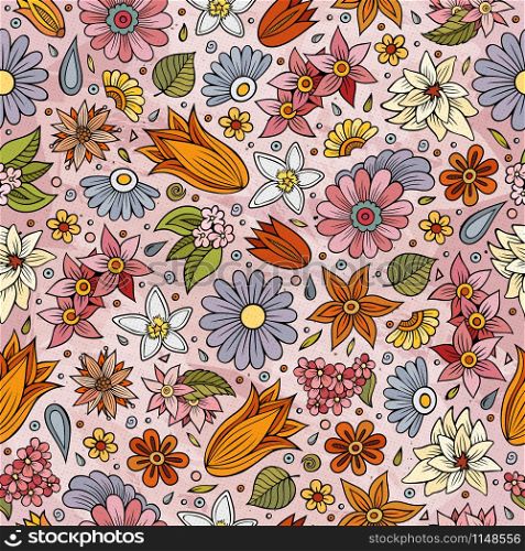 Cartoon cute hand drawn Spring season seamless pattern. Colorful detailed, with lots of objects background. Endless funny vector illustration. Bright colors backdrop. Cartoon cute hand drawn Spring season seamless pattern