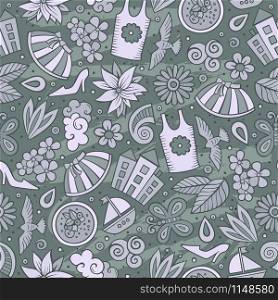 Cartoon cute hand drawn Spring season seamless pattern. Colorful detailed, with lots of objects background. Endless funny vector illustration. Bright colors backdrop. Cartoon cute hand drawn Spring season seamless pattern