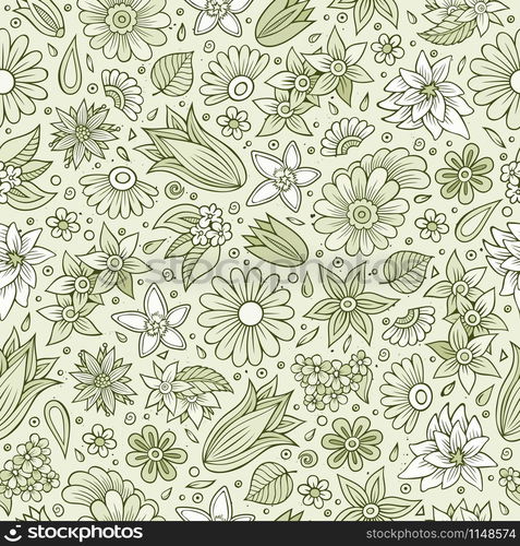 Cartoon cute hand drawn Spring season seamless pattern. Toned detailed, with lots of objects background. Endless funny vector illustration. Bright colors backdrop. Cartoon cute hand drawn Spring season seamless pattern