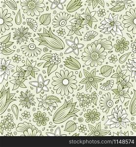Cartoon cute hand drawn Spring season seamless pattern. Toned detailed, with lots of objects background. Endless funny vector illustration. Bright colors backdrop. Cartoon cute hand drawn Spring season seamless pattern
