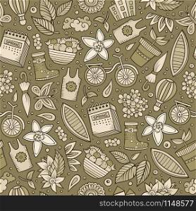 Cartoon cute hand drawn Spring season seamless pattern. Toned detailed, with lots of objects background. Endless funny vector illustration. Bright colors backdrop. Cartoon cute hand drawn Spring season seamless pattern