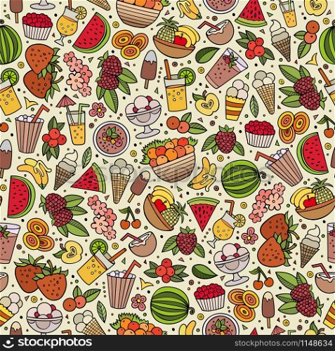 Cartoon cute hand drawn summertime seamless pattern. Colorful detailed, with lots of objects background. Endless funny vector illustration. Bright colors backdrop with summer food items.. Cartoon summer time seamless pattern