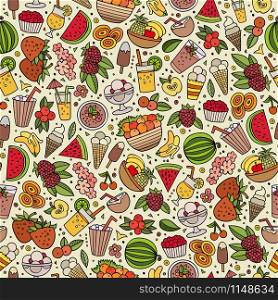 Cartoon cute hand drawn summertime seamless pattern. Colorful detailed, with lots of objects background. Endless funny vector illustration. Bright colors backdrop with summer food items.. Cartoon summer time seamless pattern