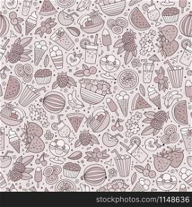 Cartoon cute hand drawn summertime seamless pattern. Monochrome detailed, with lots of objects background. Endless funny vector illustration. backdrop with summer food items.. Cartoon summer time seamless pattern