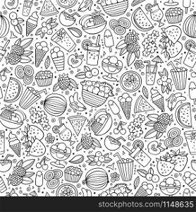 Cartoon cute hand drawn summertime seamless pattern. Sketch detailed, with lots of objects background. Endless funny vector illustration. Line art backdrop with summer food items.. Cartoon summer time seamless pattern