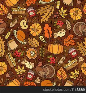 Cartoon cute hand drawn Thanksgiving seamless pattern. Colorful detailed, with lots of objects background. Endless funny vector illustration. Bright colors backdrop with autumn items.. Cartoon cute hand drawn Thanksgiving seamless pattern